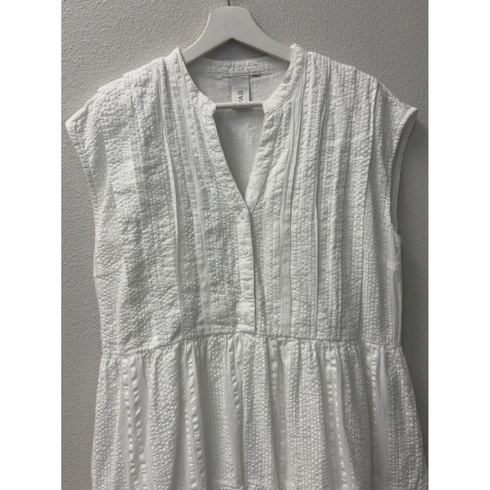 Y.A.S Seersucker Tiered Mini Dress Womens M White Pintuck Sleeveless‎ Summer